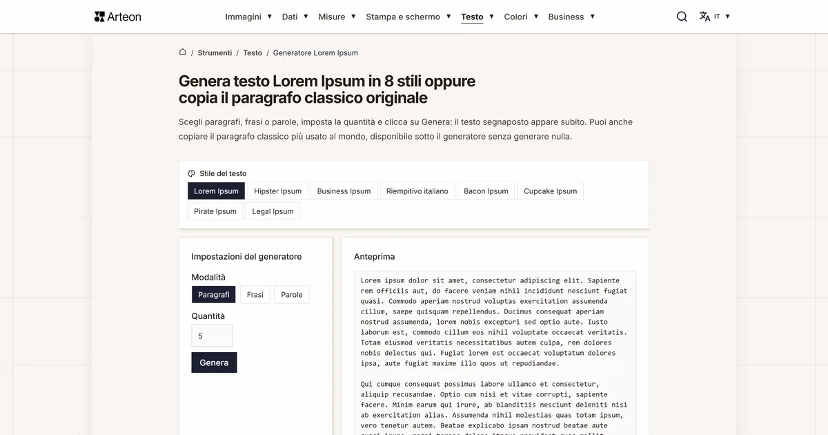 Screenshot dello strumento gratuito Arteon: Genera testo Lorem Ipsum in 8 stili oppure copia il paragrafo classico originale