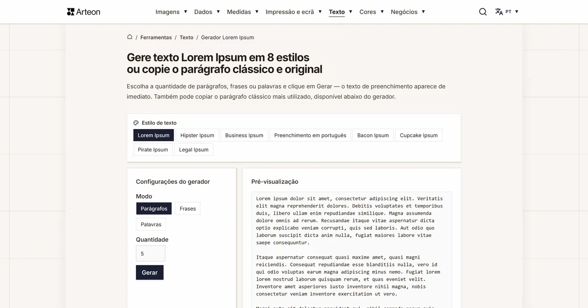 Captura de ecrã da ferramenta gratuita da Arteon: Gerador Lorem Ipsum