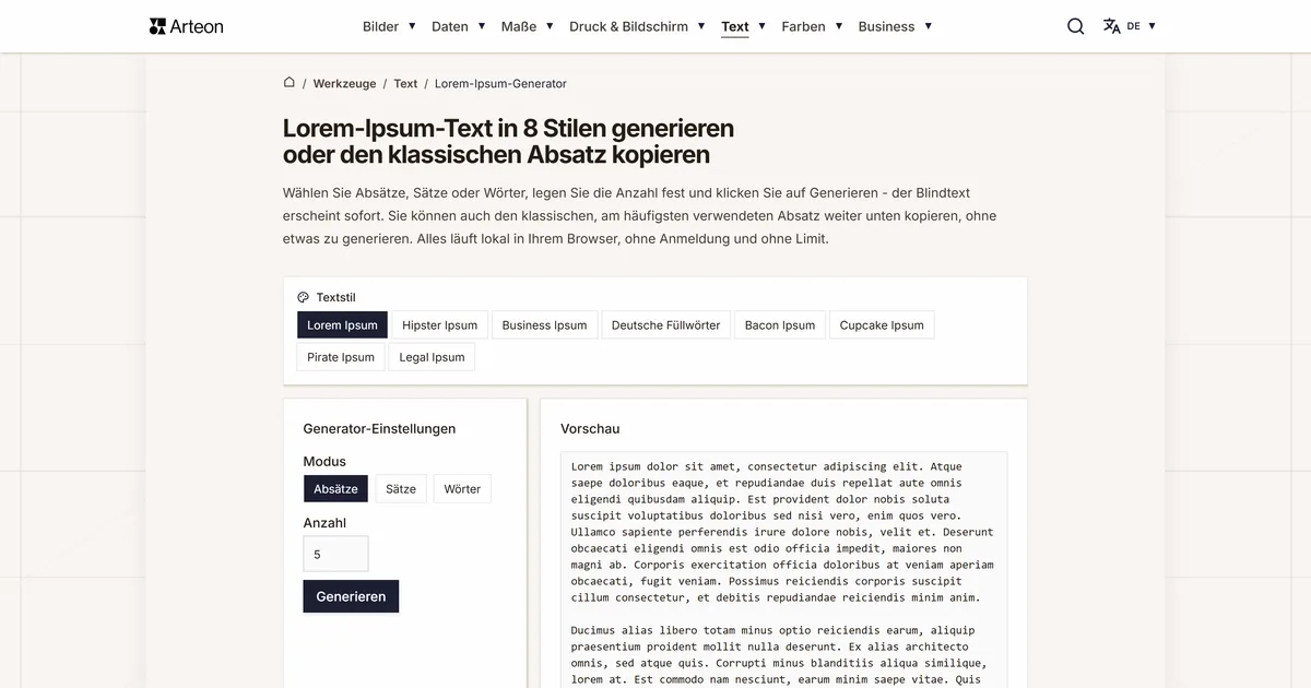Screenshot des kostenlosen Arteon-Werkzeugs: Lorem-Ipsum-Text in 8 Stilen generieren oder den klassischen Absatz kopieren