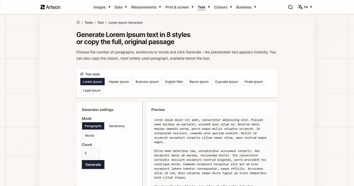 Arteon free tool screenshot: Generate Lorem Ipsum text in 8 styles or copy the full, original passage