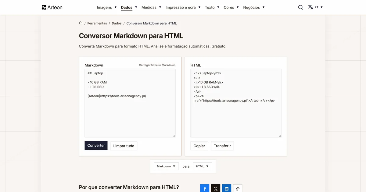 Captura de ecrã da ferramenta gratuita da Arteon: Conversor Markdown para HTML