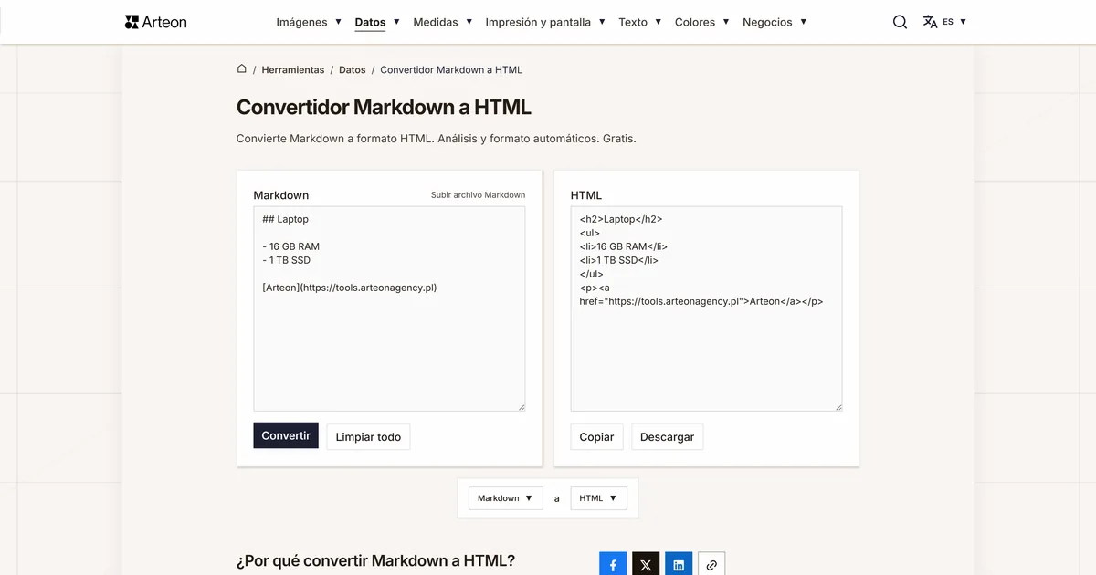 Captura de pantalla de la herramienta gratuita de Arteon: Convertidor Markdown a HTML