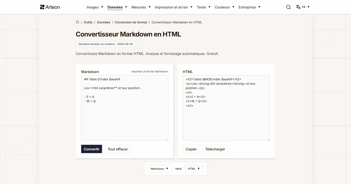 Capture d'écran de l'outil gratuit d'Arteon: Convertisseur Markdown en HTML
