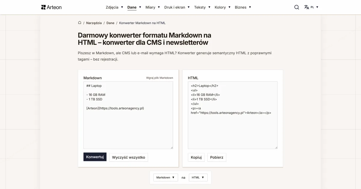 Zrzut ekranu darmowego narzędzia Arteon: Darmowy konwerter formatu Markdown na HTML – konwerter dla CMS i newsletterów