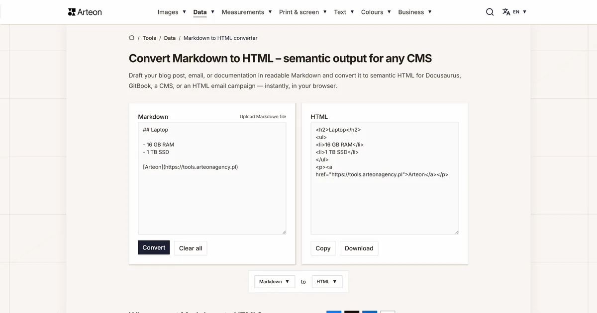 Arteon free tool screenshot: Convert Markdown to HTML – semantic output for any CMS
