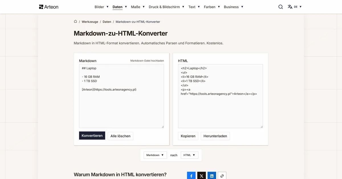 Screenshot des kostenlosen Arteon-Werkzeugs: Markdown-zu-HTML-Konverter