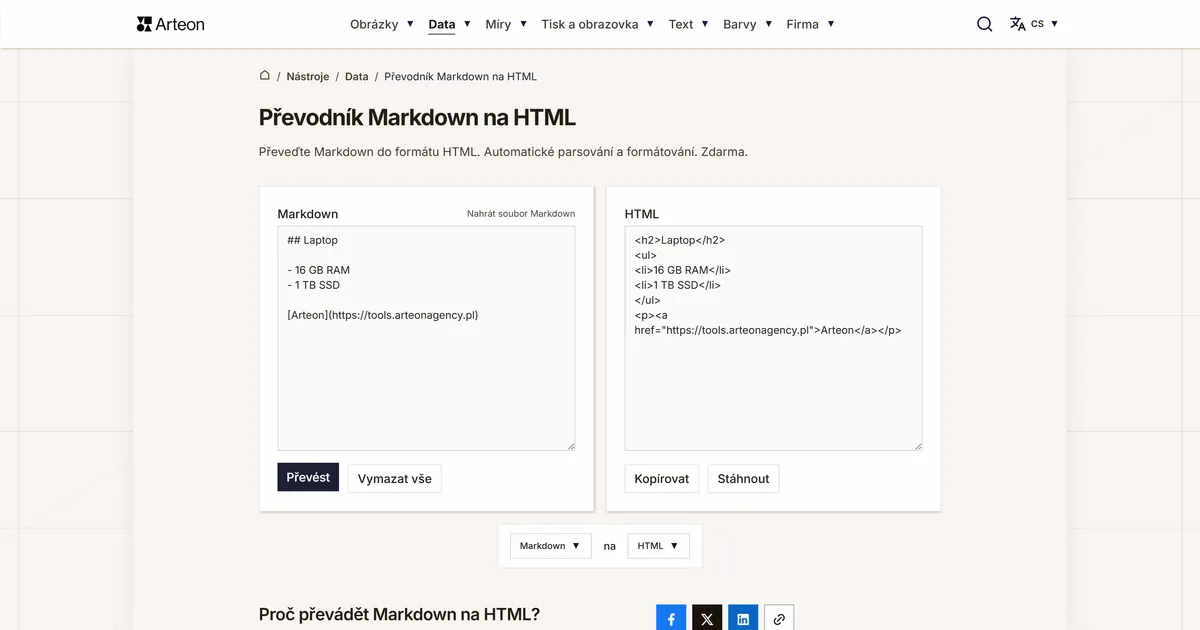 Snímek obrazovky bezplatného nástroje Arteon: Převodník Markdown na HTML