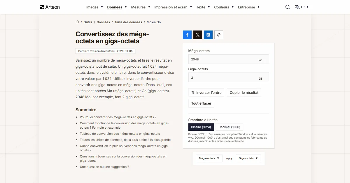 Capture d'écran de l'outil gratuit d'Arteon: Convertissez des méga-octets en giga-octets