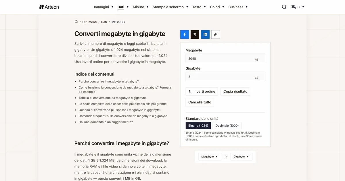 Screenshot dello strumento gratuito Arteon: Converti megabyte in gigabyte
