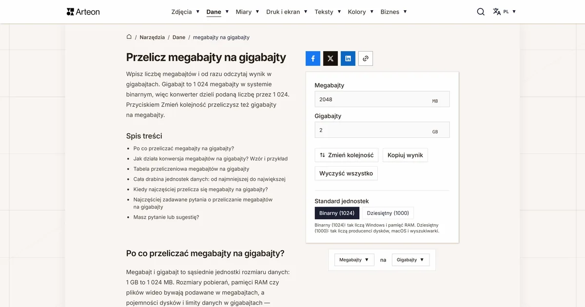 Zrzut ekranu darmowego narzędzia Arteon: Przelicz megabajty na gigabajty