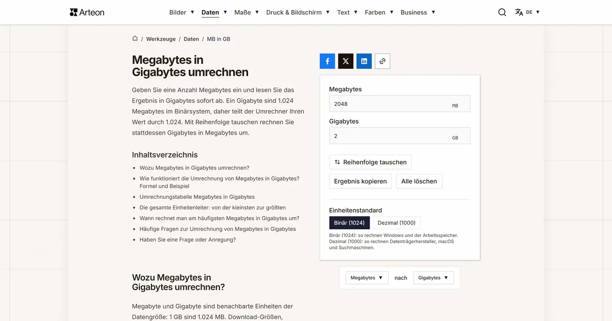 Screenshot des kostenlosen Arteon-Werkzeugs: Megabytes in Gigabytes umrechnen