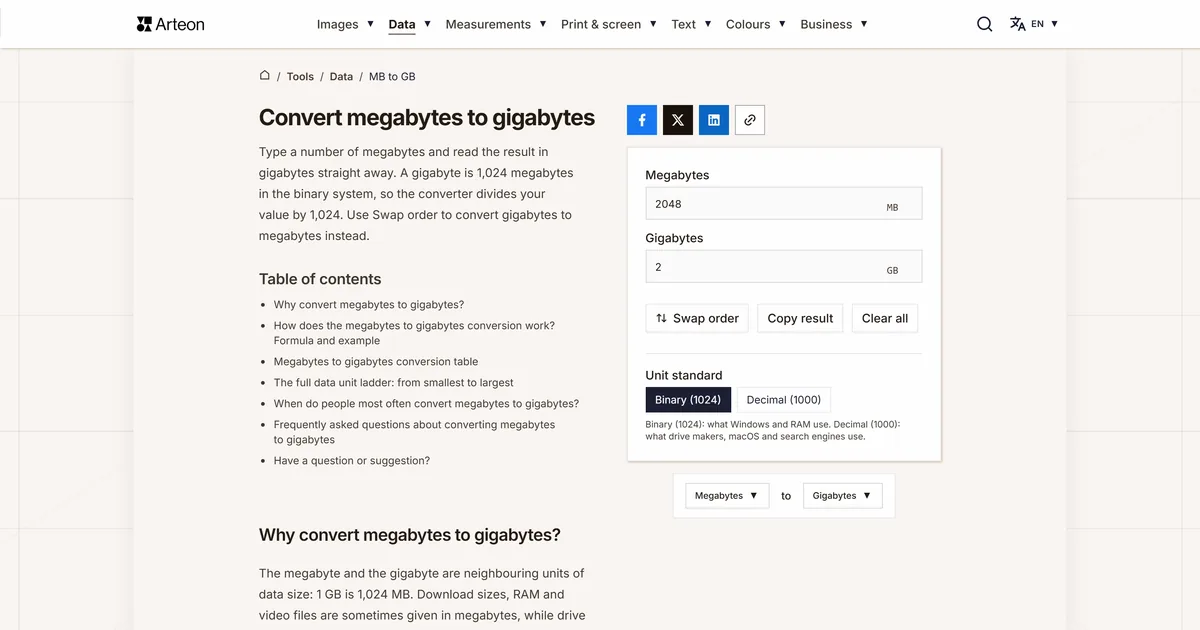 Arteon free tool screenshot: Convert megabytes to gigabytes