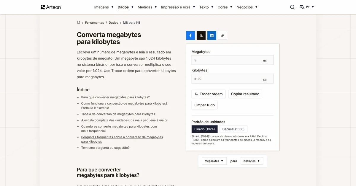 Captura de ecrã da ferramenta gratuita da Arteon: Converta megabytes para kilobytes