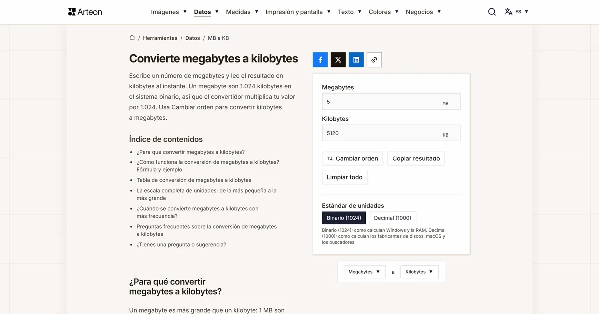 Captura de pantalla de la herramienta gratuita de Arteon: Convierte megabytes a kilobytes