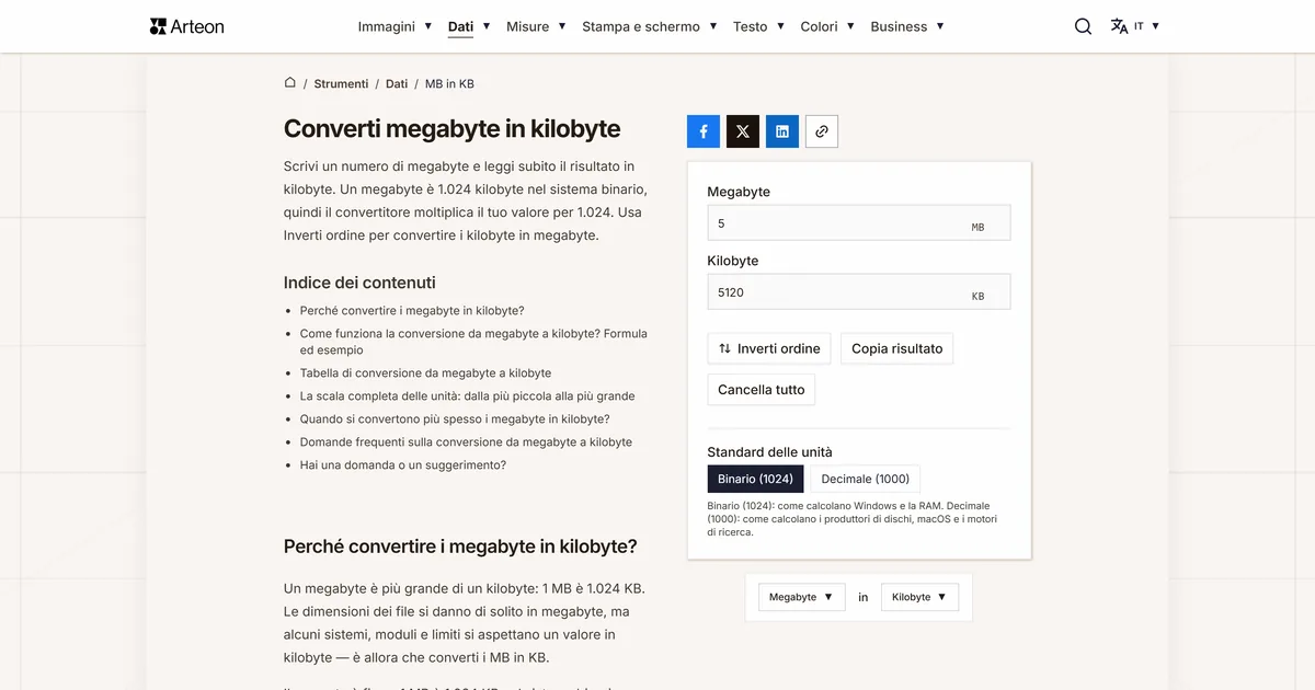 Screenshot dello strumento gratuito Arteon: Converti megabyte in kilobyte