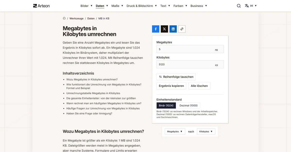 Screenshot des kostenlosen Arteon-Werkzeugs: Megabytes in Kilobytes umrechnen