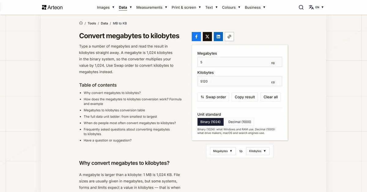 Arteon free tool screenshot: Convert megabytes to kilobytes
