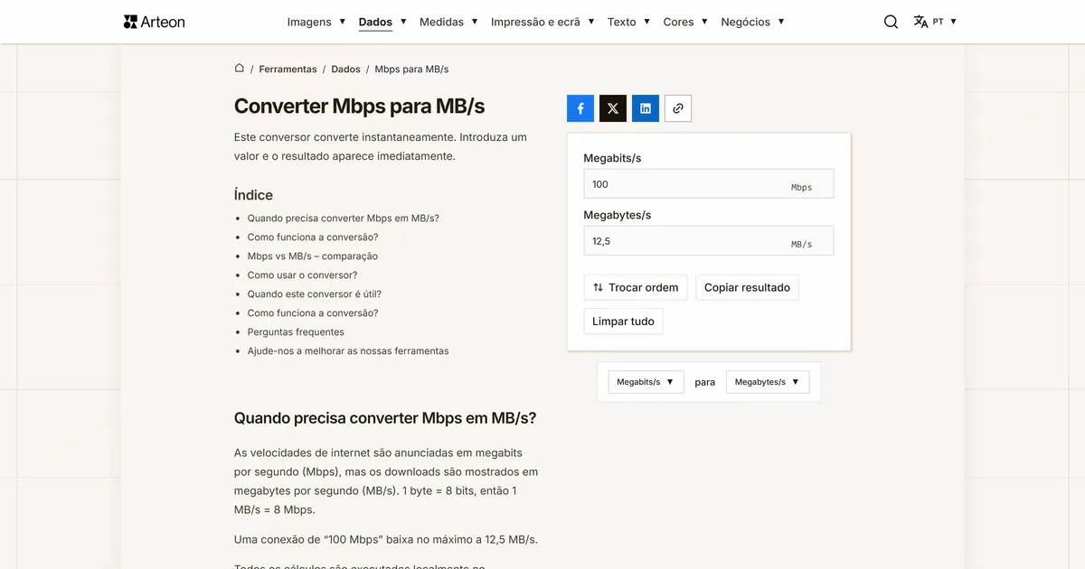 Captura de ecrã da ferramenta gratuita da Arteon: Mbps para MB/s