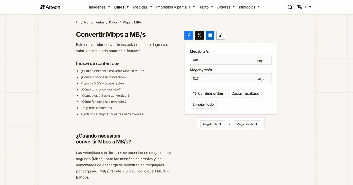 Captura de pantalla de la herramienta gratuita de Arteon: Mbps a MB/s
