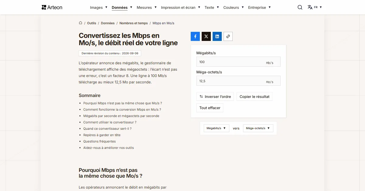 Capture d'écran de l'outil gratuit d'Arteon: Mbps en Mo/s