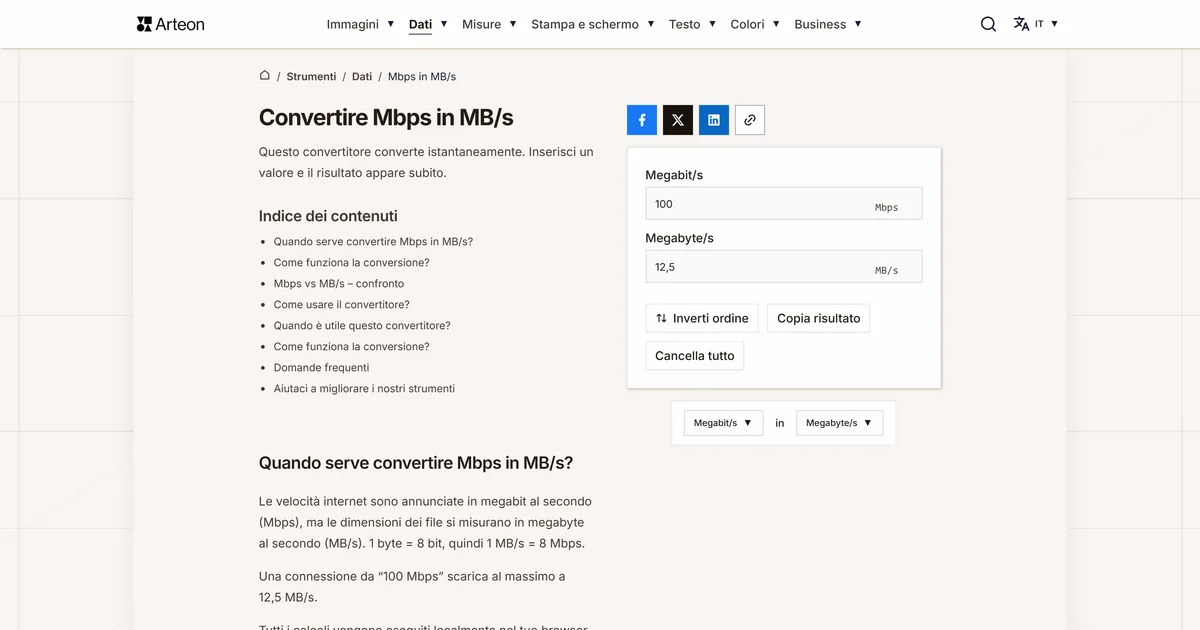 Screenshot dello strumento gratuito Arteon: Mbps in MB/s
