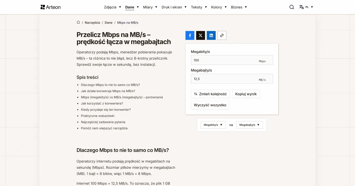 Zrzut ekranu darmowego narzędzia Arteon: Mbps na MB/s