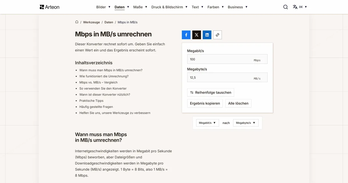 Screenshot des kostenlosen Arteon-Werkzeugs: Mbps in MB/s