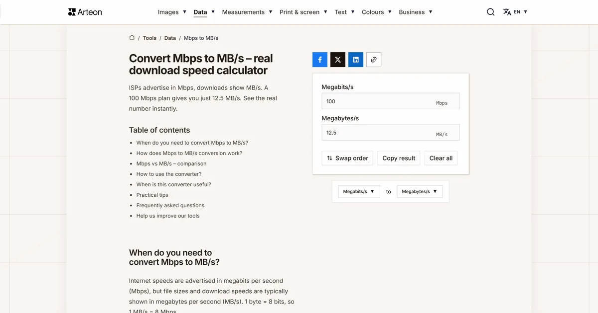Arteon free tool screenshot: Convert Mbps to MB/s – real download speed calculator
