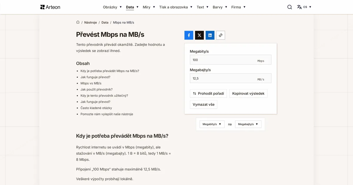 Snímek obrazovky bezplatného nástroje Arteon: Mbps na MB/s