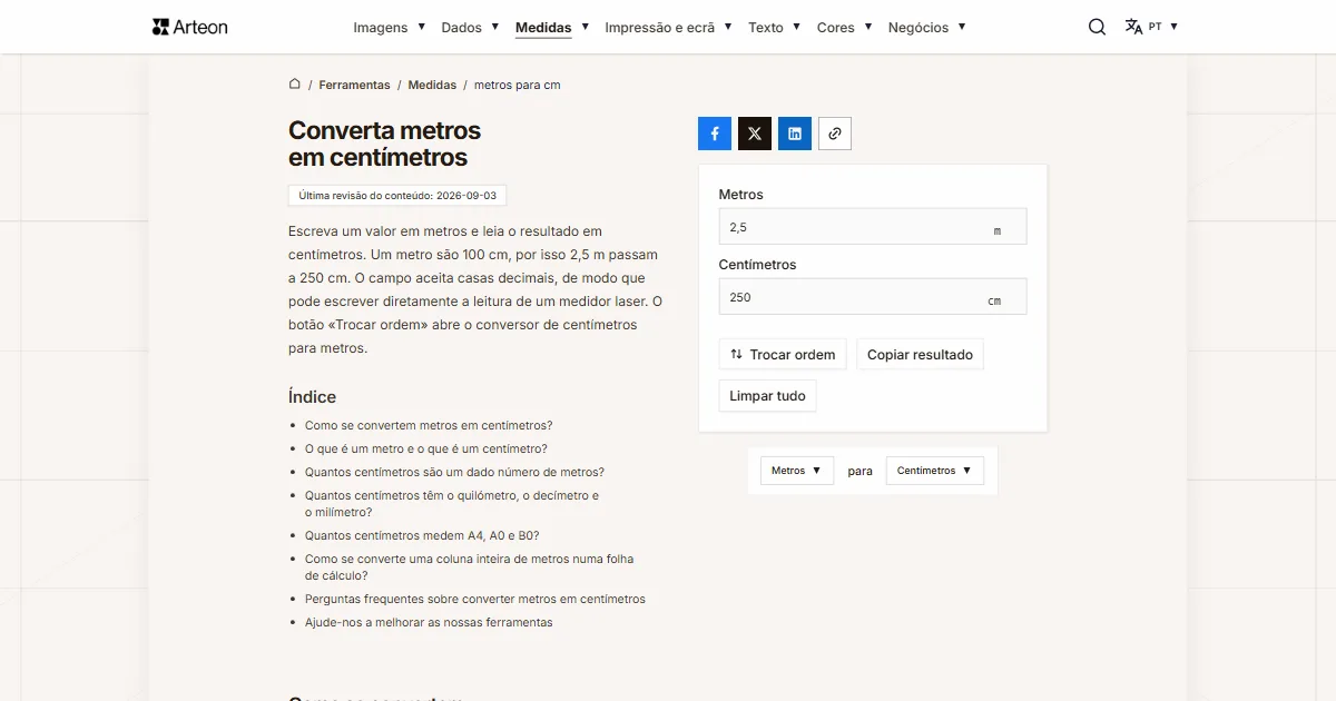 Captura de ecrã da ferramenta gratuita da Arteon: Converta metros em centímetros