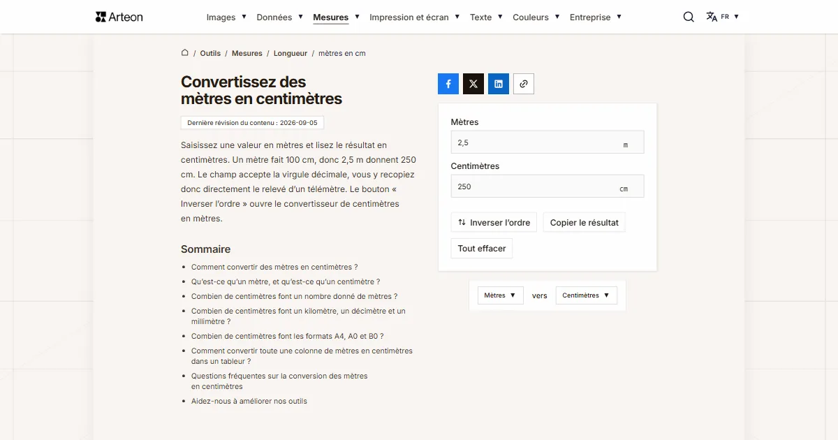 Capture d'écran de l'outil gratuit d'Arteon: Convertissez des mètres en centimètres