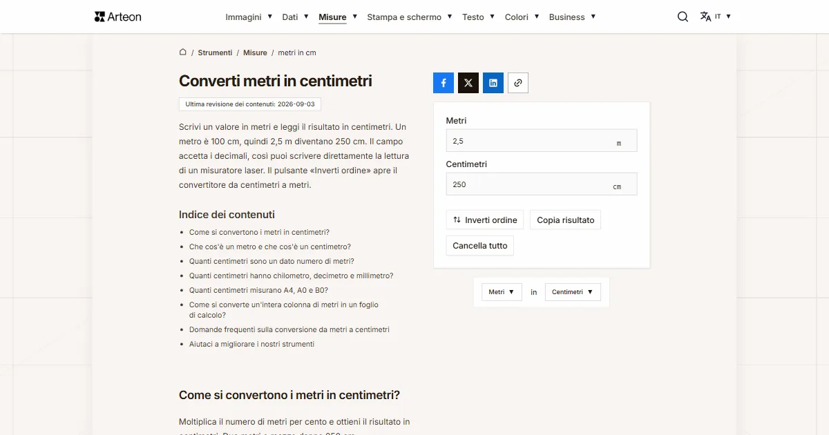 Screenshot dello strumento gratuito Arteon: Converti metri in centimetri