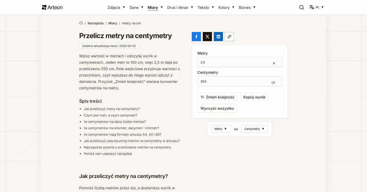 Zrzut ekranu darmowego narzędzia Arteon: Przelicz metry na centymetry
