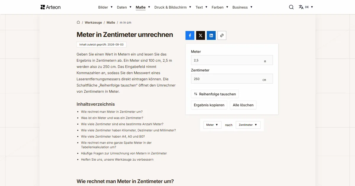 Screenshot des kostenlosen Arteon-Werkzeugs: Meter in Zentimeter umrechnen