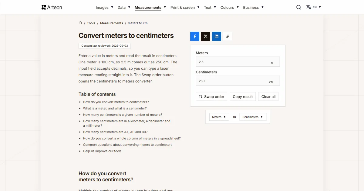Arteon free tool screenshot: Convert meters to centimeters