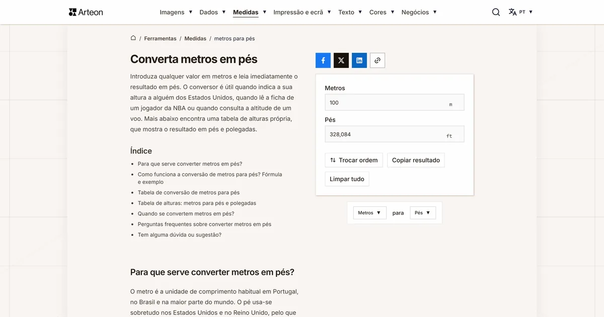 Captura de ecrã da ferramenta gratuita da Arteon: Converta metros em pés