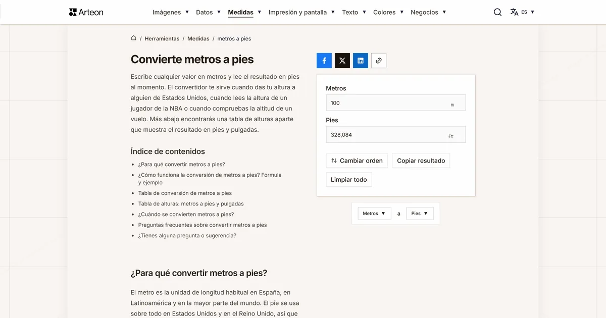 Captura de pantalla de la herramienta gratuita de Arteon: Convierte metros a pies