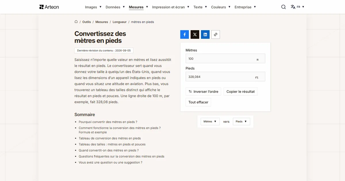Capture d'écran de l'outil gratuit d'Arteon: Convertissez des mètres en pieds