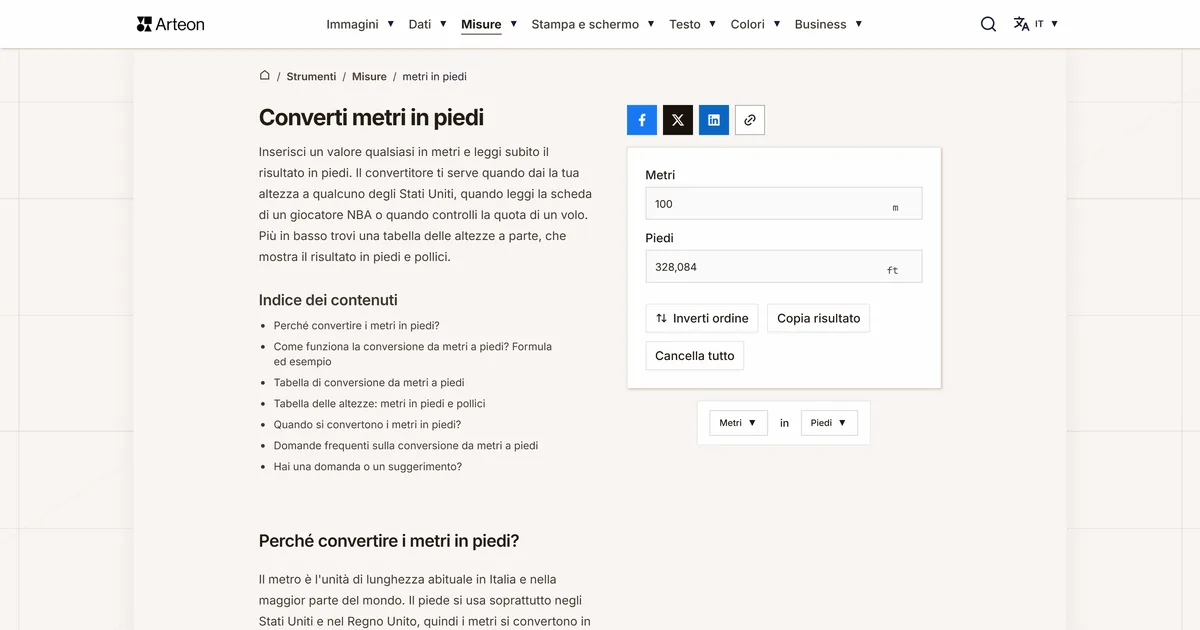 Screenshot dello strumento gratuito Arteon: Converti metri in piedi