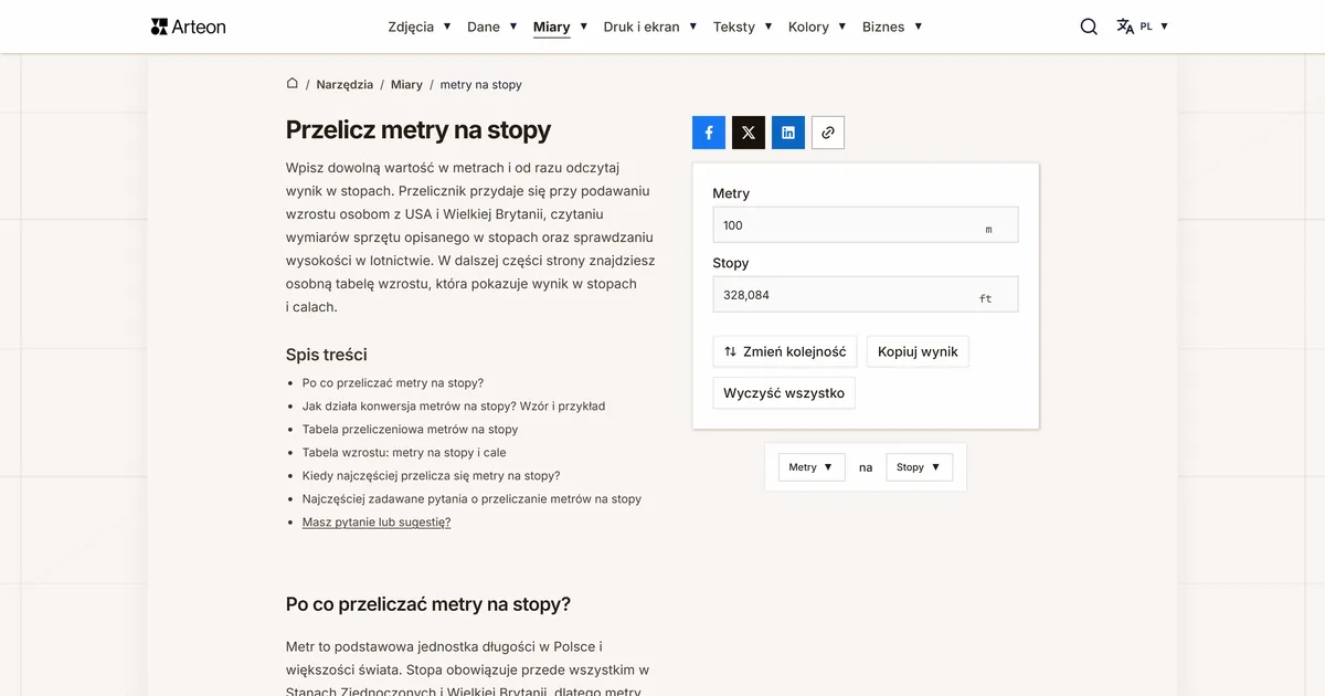 Zrzut ekranu darmowego narzędzia Arteon: Przelicz metry na stopy