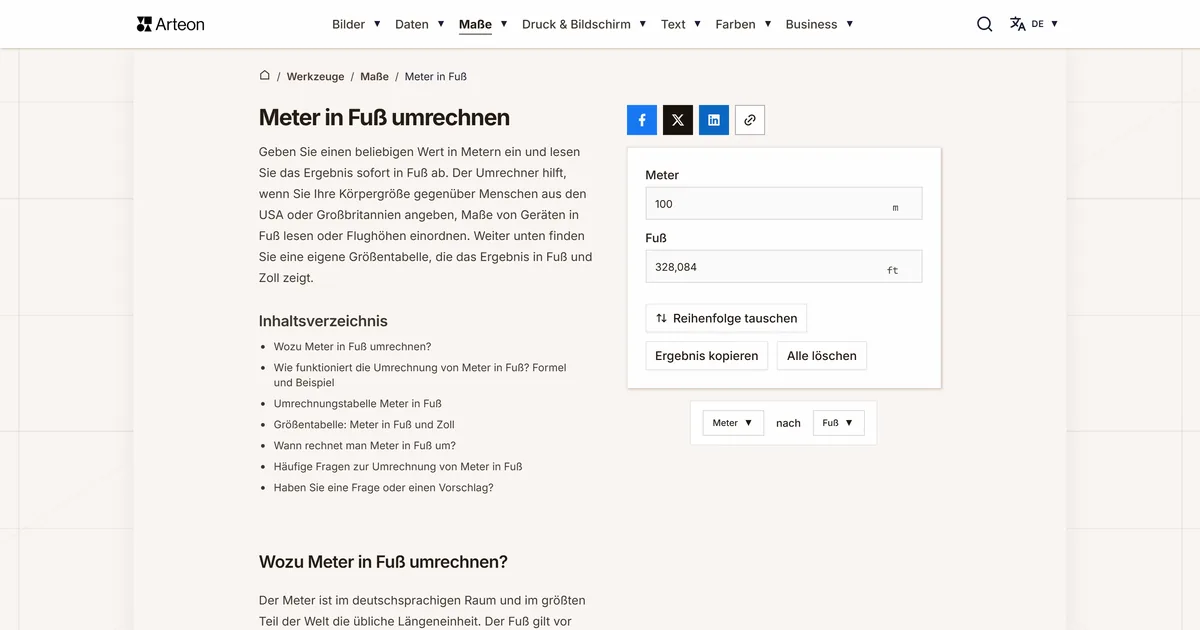 Screenshot des kostenlosen Arteon-Werkzeugs: Meter in Fuß umrechnen