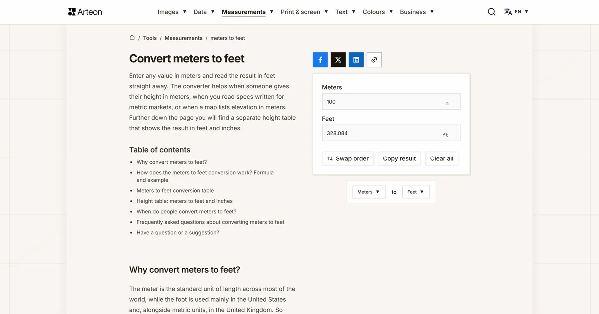 Arteon free tool screenshot: Convert meters to feet