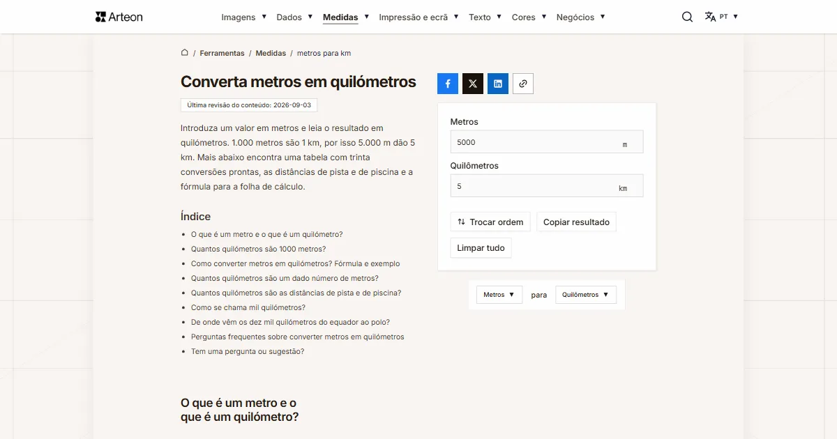 Captura de ecrã da ferramenta gratuita da Arteon: Converta metros em quilómetros