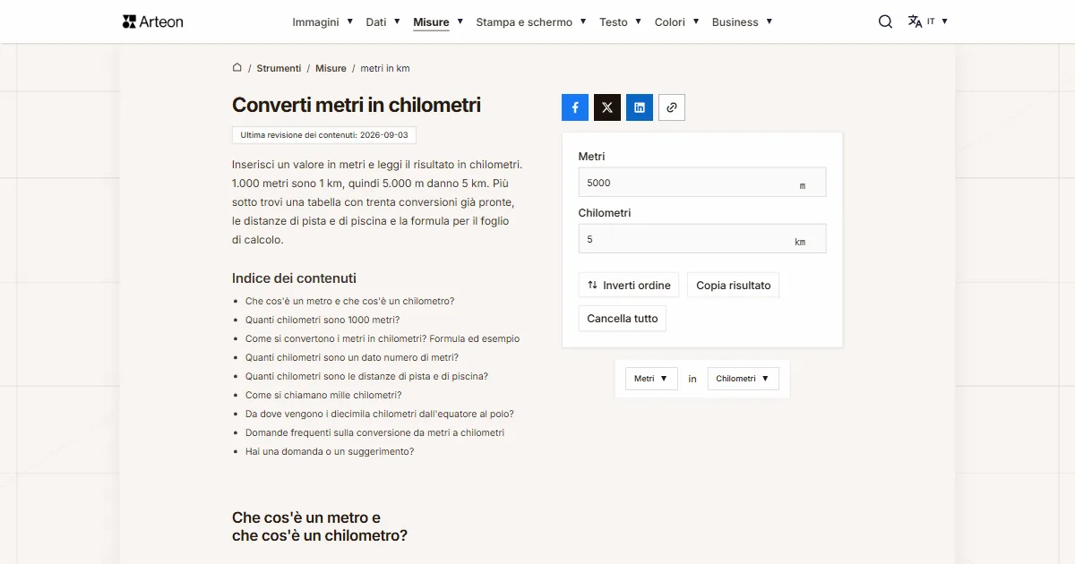 Screenshot dello strumento gratuito Arteon: Converti metri in chilometri