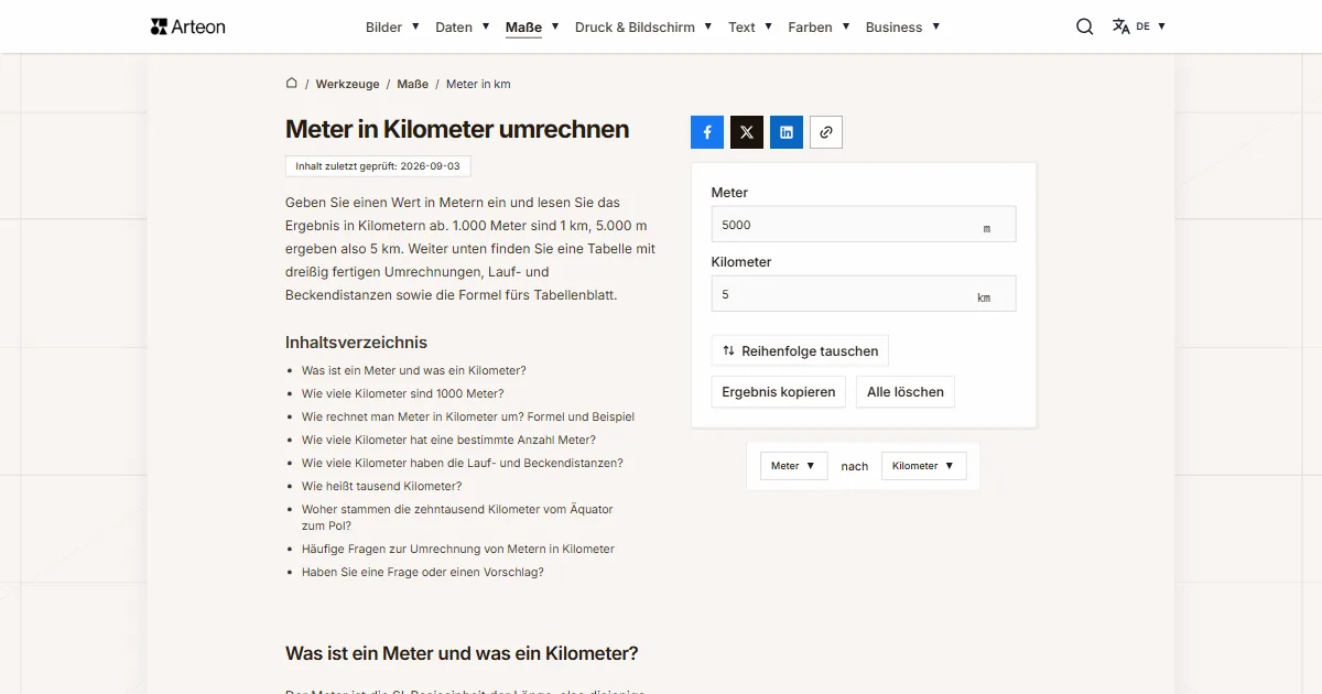 Screenshot des kostenlosen Arteon-Werkzeugs: Meter in Kilometer umrechnen
