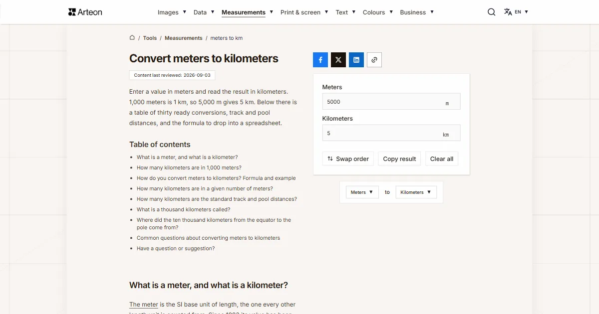 Arteon free tool screenshot: Convert meters to kilometers