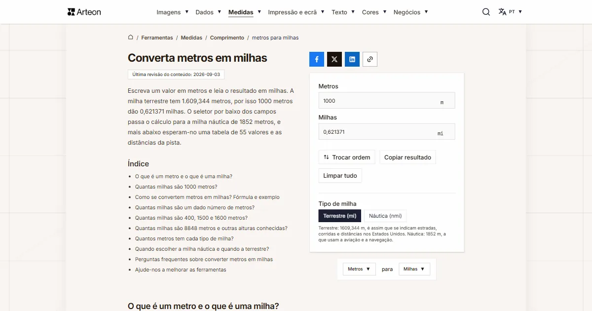 Captura de ecrã da ferramenta gratuita da Arteon: Converta metros em milhas