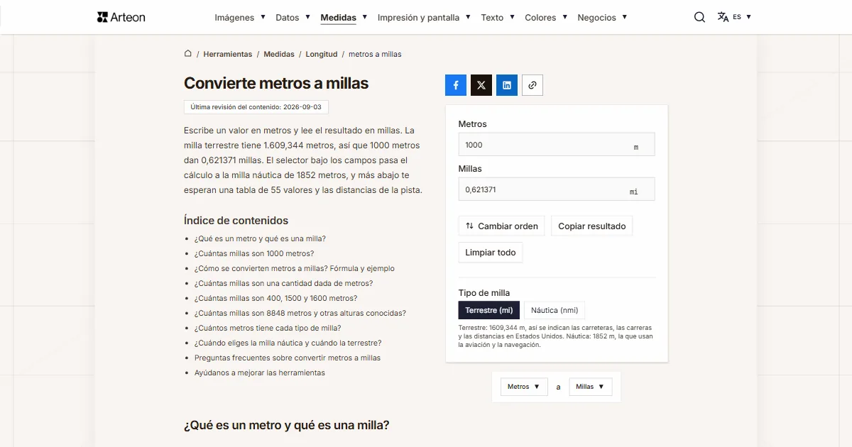 Captura de pantalla de la herramienta gratuita de Arteon: Convierte metros a millas