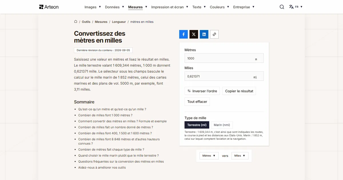 Capture d'écran de l'outil gratuit d'Arteon: Convertissez des mètres en milles