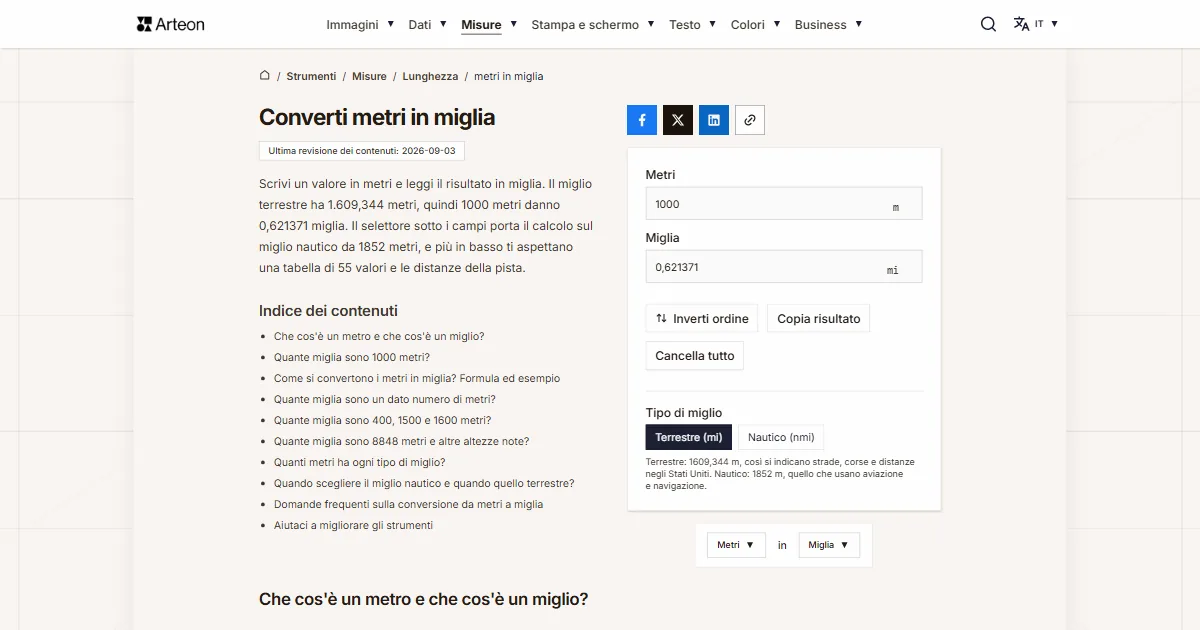 Screenshot dello strumento gratuito Arteon: Converti metri in miglia